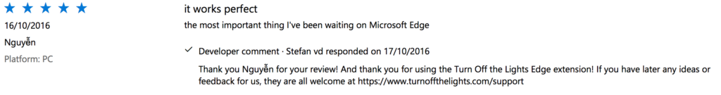Turn Off the Lights for Microsoft Edge user review from the United Kingdom