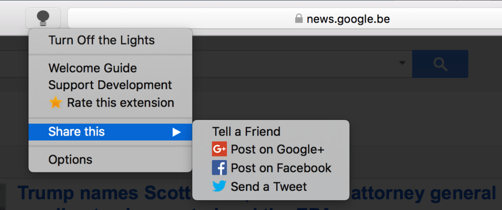 Turn Off the Lights Safari extension right click menu