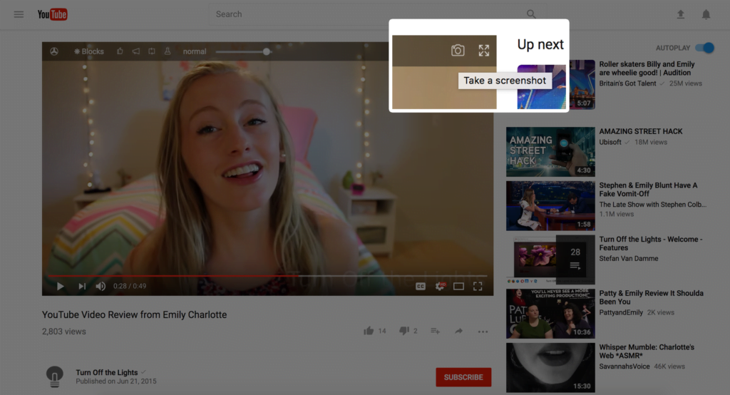 Take a screenshot from the video player with the Turn Off the Lights Browser extension
