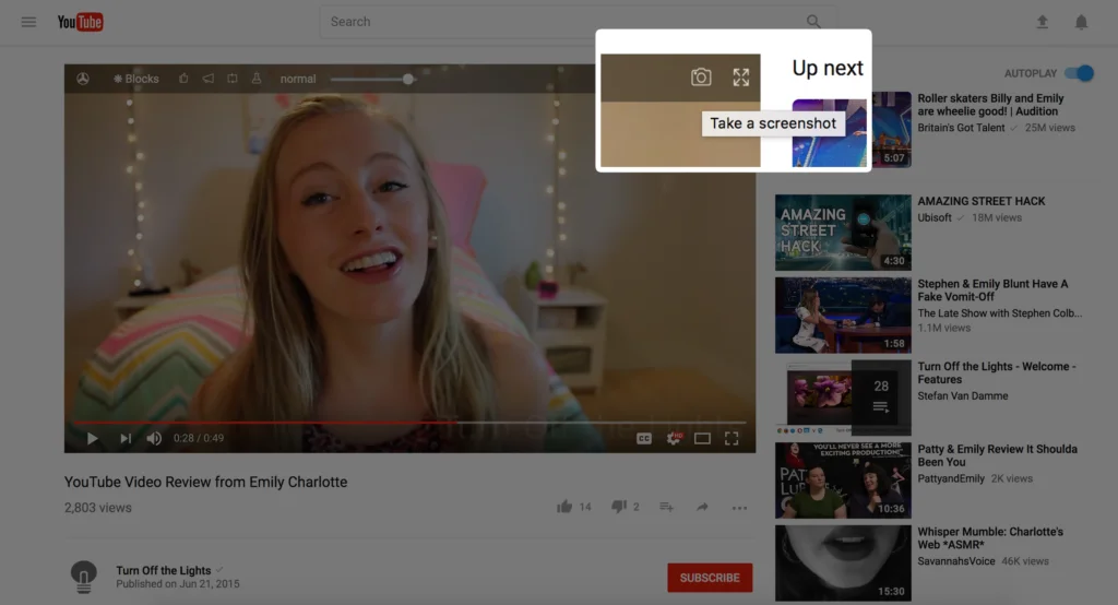 Take a screenshot from the video player with the Turn Off the Lights Browser extension