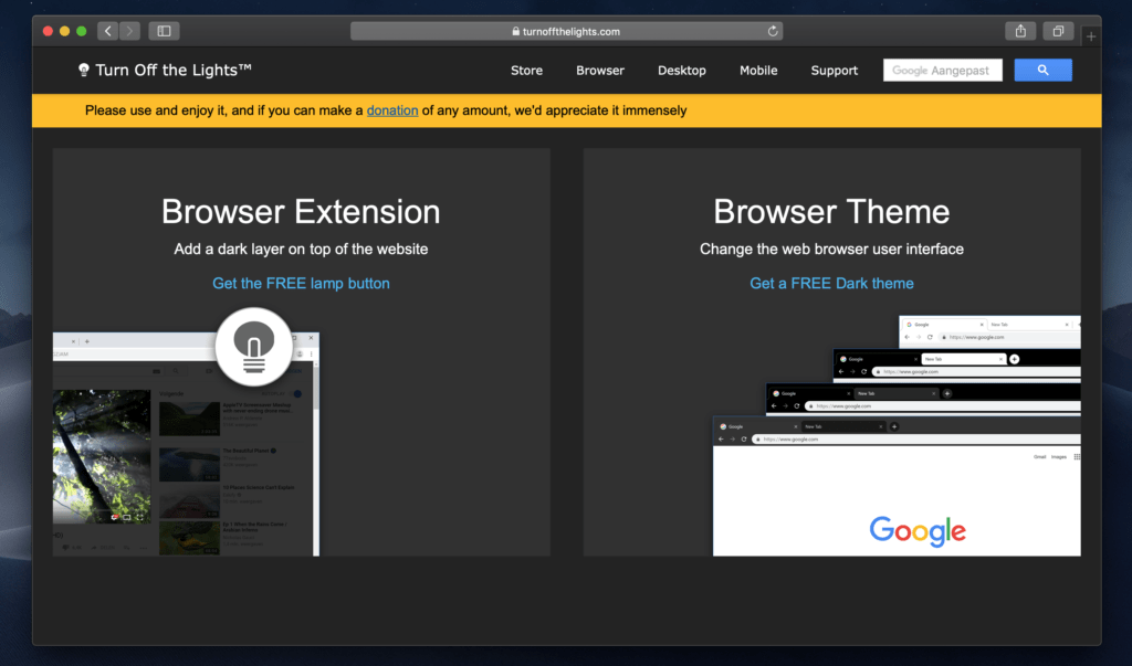 Turn Off the Lights website in Light and Dark Mode