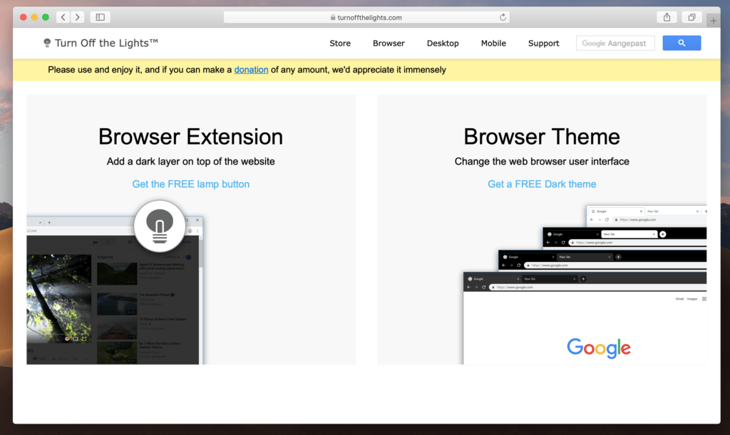 Turn Off the Lights website in Light and Dark Mode