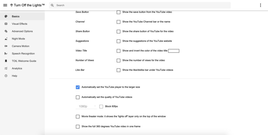 Turn Off the Lights Options page with the "Automatically set the YouTube player to the larger size" enabled