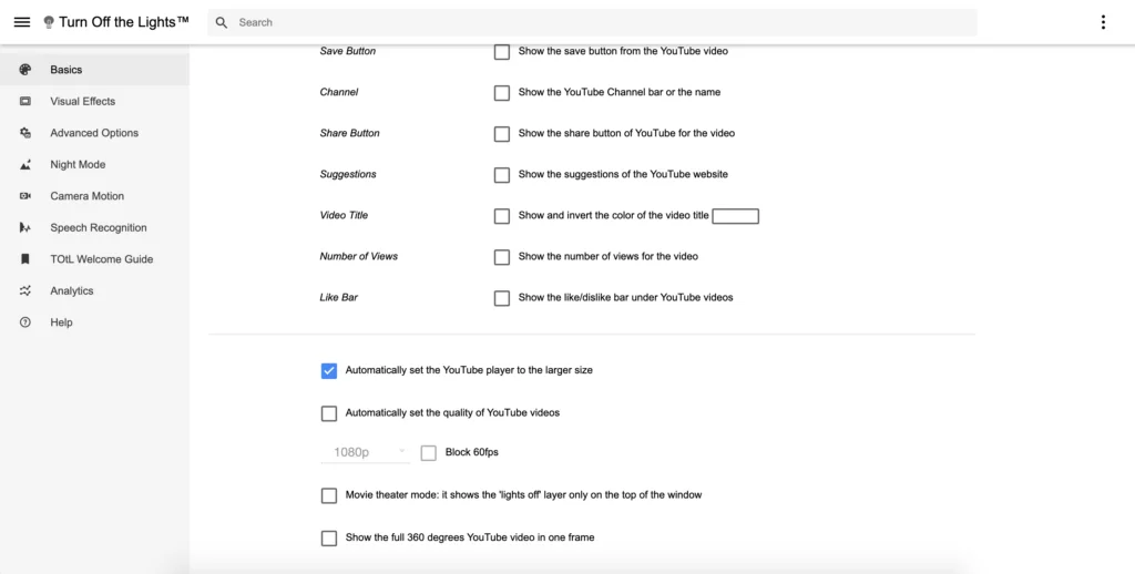Turn Off the Lights Options page with the "Automatically set the YouTube player to the larger size" enabled