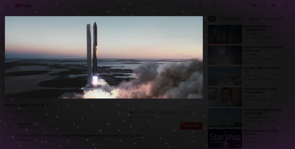 SpaceX live video with the Turn Off the Lights browser extension Dynamic Background feature enabled