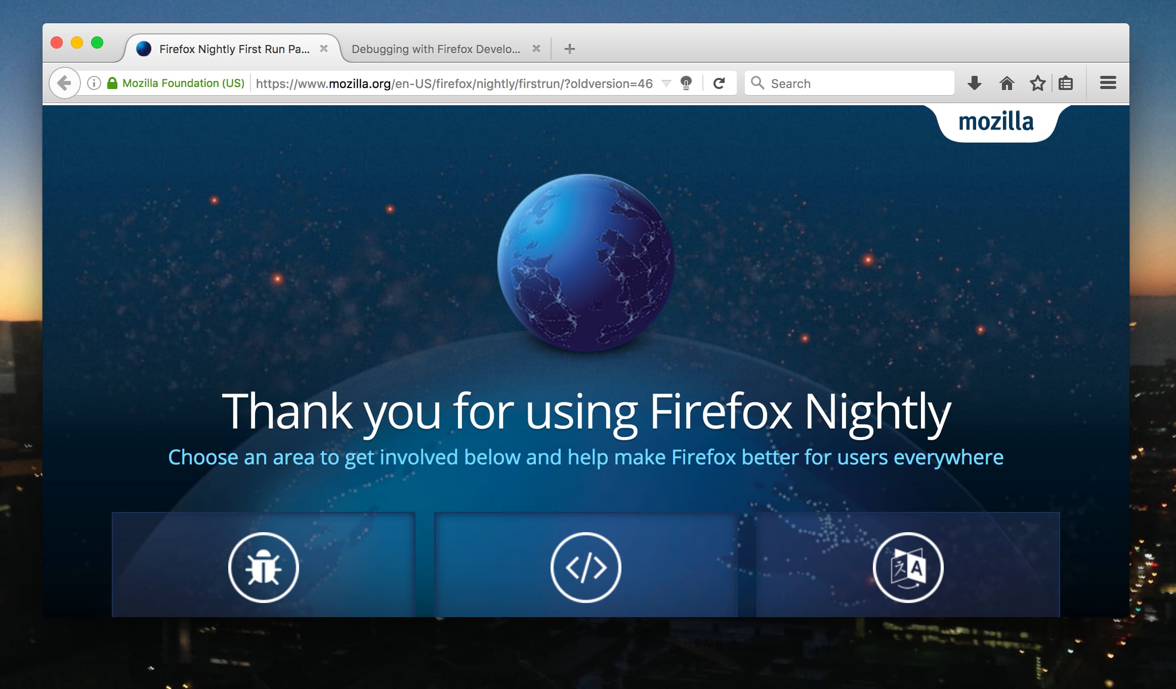 Firefox Nightly with the gray lamp button in the address bar