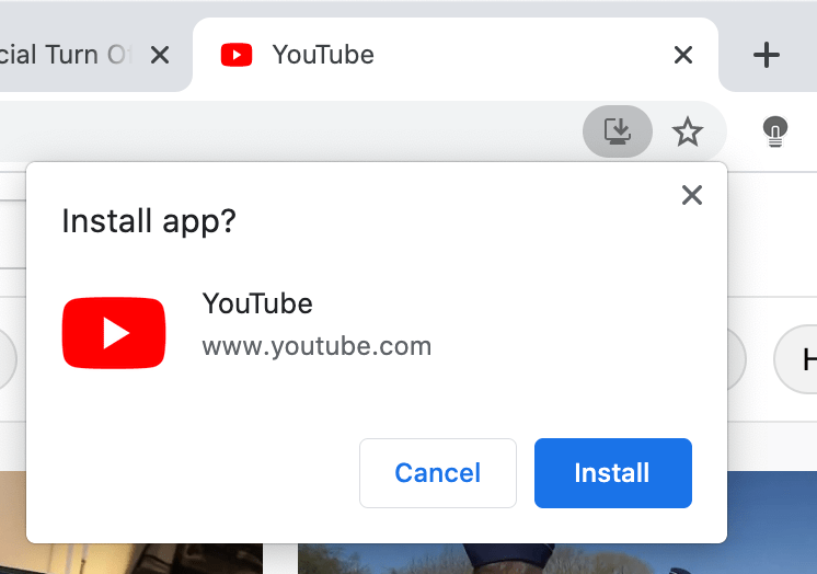 PWA download icon to install for example the YouTube app on your Windows or Mac computer