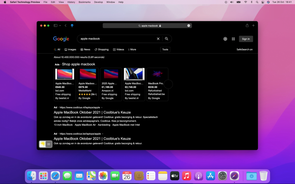 The Safari Dark Mode extension is available now for macOS Monterey. Where you see the Turn Off the Lights Safari extension with the Night Mode feature enabled