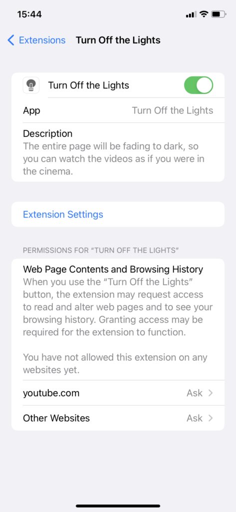Toggle the switch (right of the Safari extension name) to activate the Safari extension