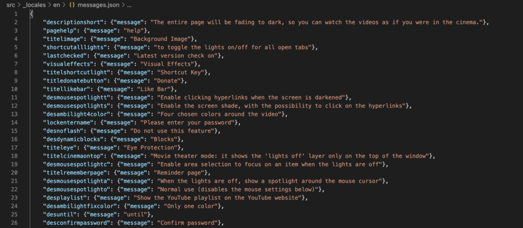 The English messages.json file is the translation file that is used in the browser extension ecosystem. That you can also use to translate it to the other local language.