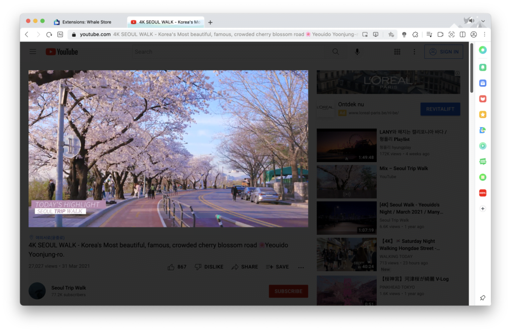 Turn Off the Lights Naver Whale extension on a YouTube video about Cherry Blossom on the Seoul streets