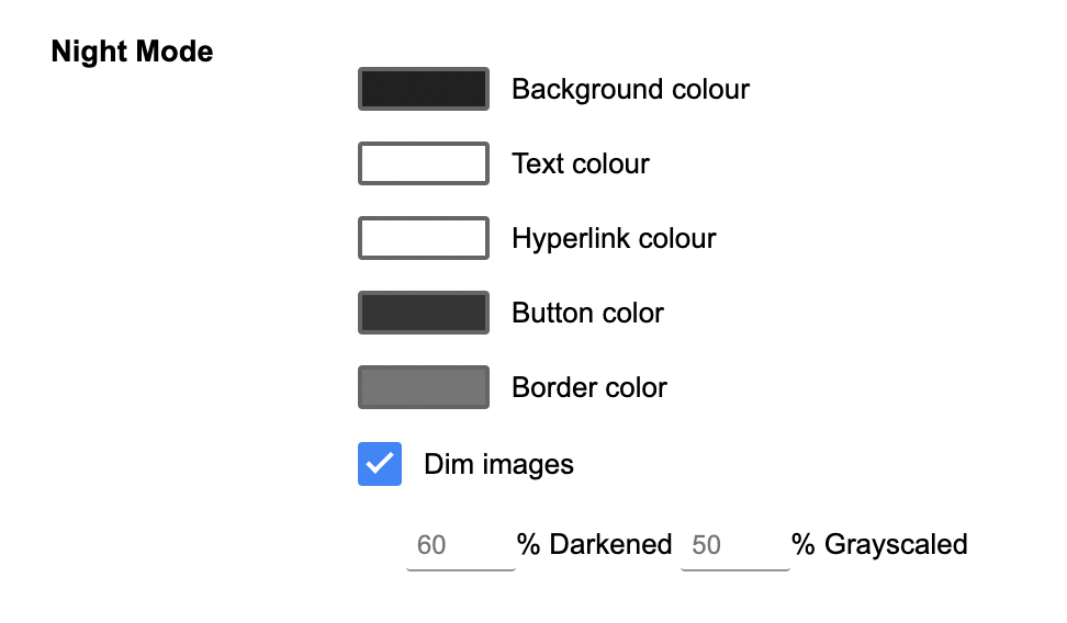 Night Mode option to dim all the images with a dark grayscale filter