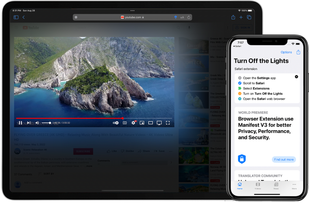 Turn Off the Lights for Safari with the Atmosphere Lighting effect enabled on the iPad Pro. And the iPhone on the new brand home page. And bring syncing Safari web extension to iPhone and Mac.