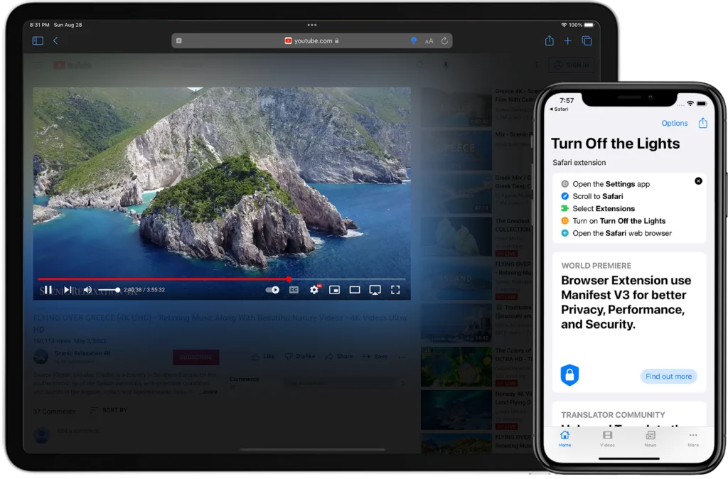 Turn Off the Lights for Safari with the Atmosphere Lighting effect enabled on the iPad Pro. And the iPhone on the new brand home page. And bring syncing Safari web extension to iPhone and Mac.