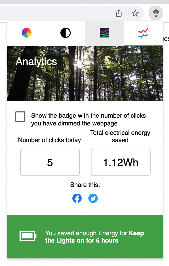 The double click panel on the Analtics tab, that said the total electrical energy saved with the use of the Turn Off the Lights browser extension