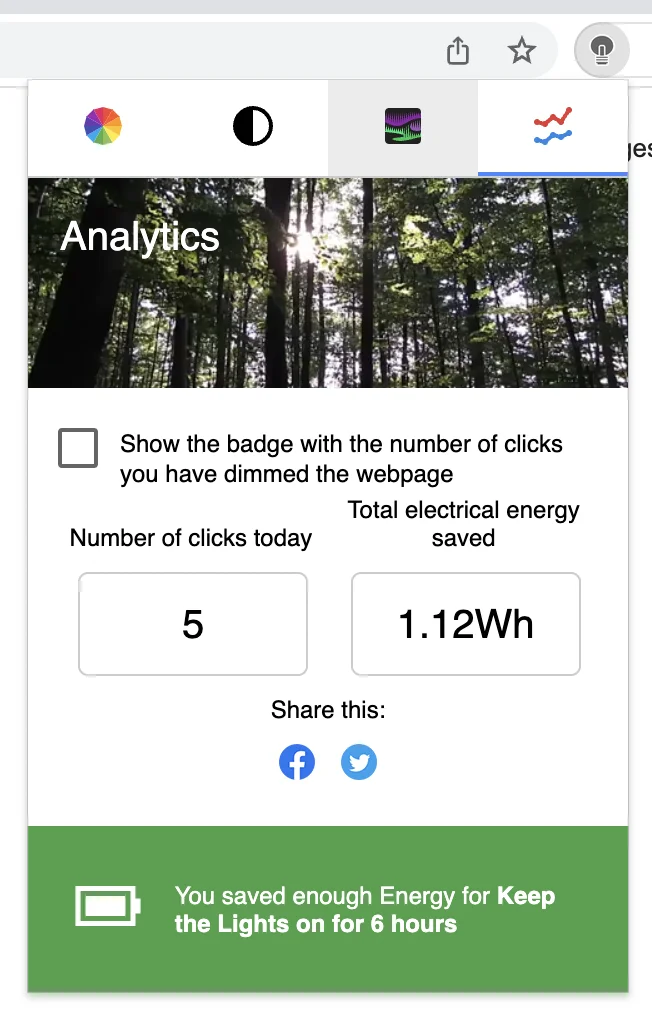 The double click panel on the Analtics tab, that said the total electrical energy saved with the use of the Turn Off the Lights browser extension