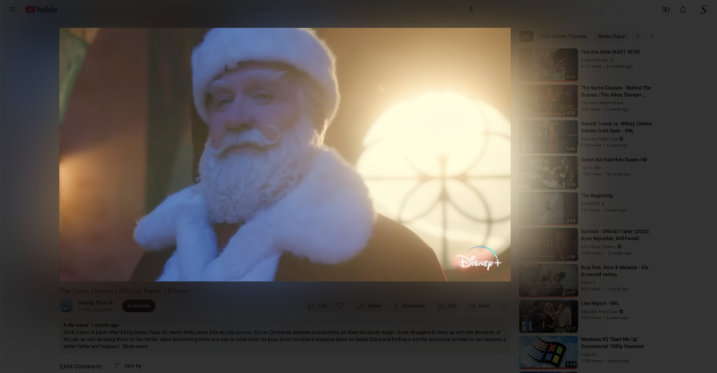 Christmas Movies that include the new The Santa Clauses with Turn Off the Lights browser extension Atmosphere Lighting feature enabled