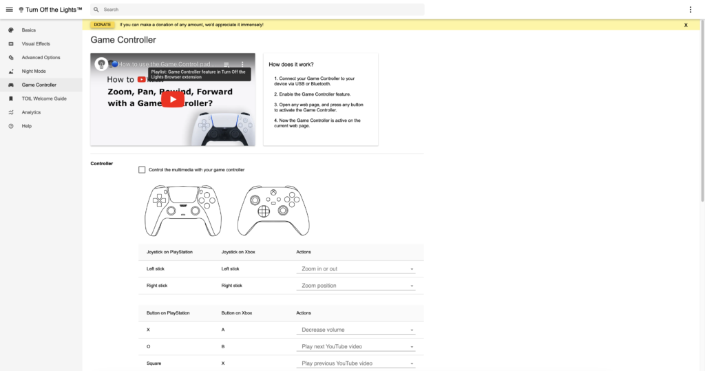 Game Controller tab in the Turn Off the Lights Options page