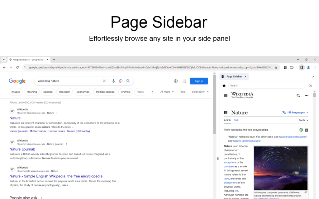 Page Sidebar browser extension opens any new tab in the side panel