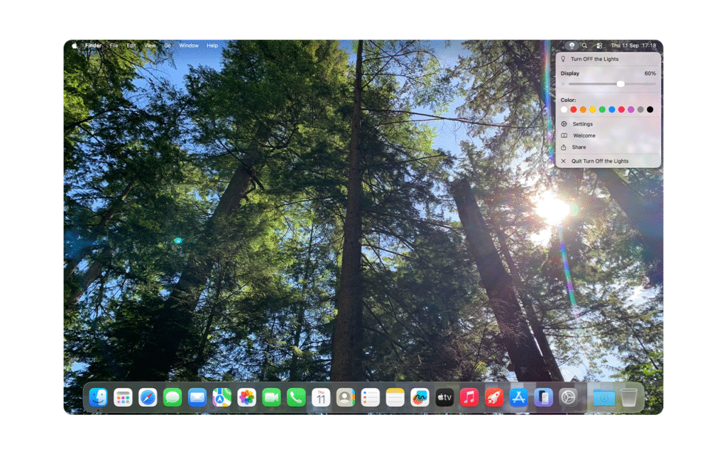 Turn Off the Lights for Desktop Mac app with the control panel open