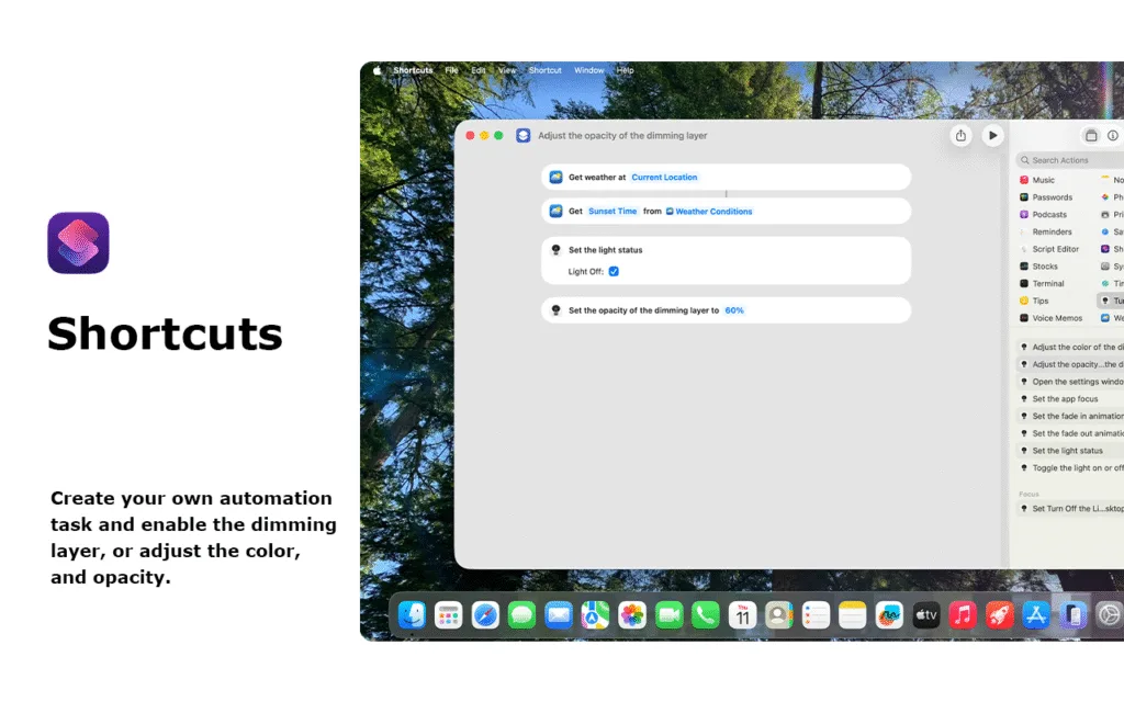 Shortcuts app with Turn Off the Lights for Desktop actions