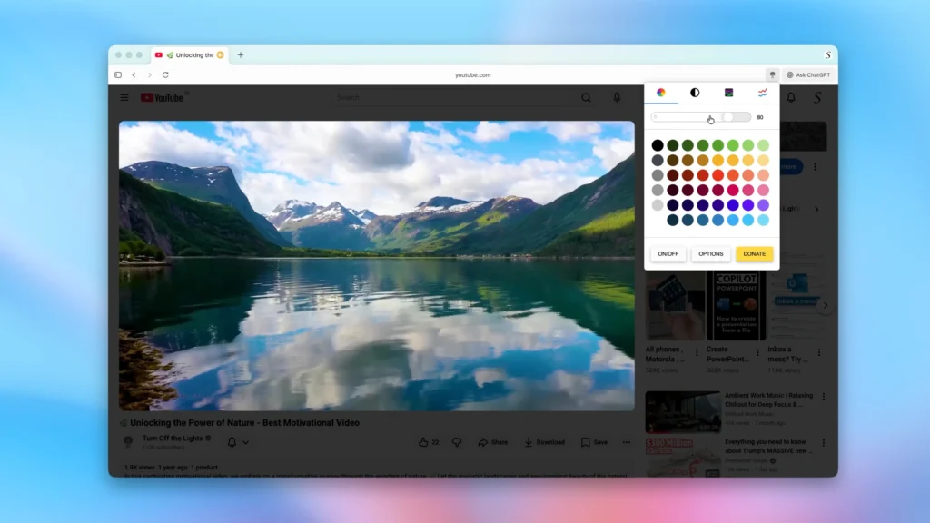 Atlas Browser with the Turn Off the Lights extension installed