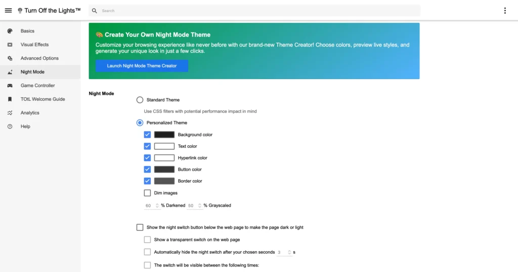 The updated Night Mode setting tab in the Turn Off the Lights Browser Extension version 4.6