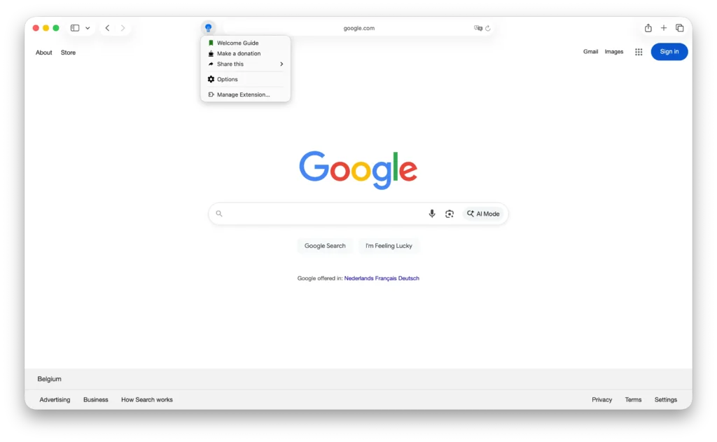 Safari web browser with the right-click on the lamp button