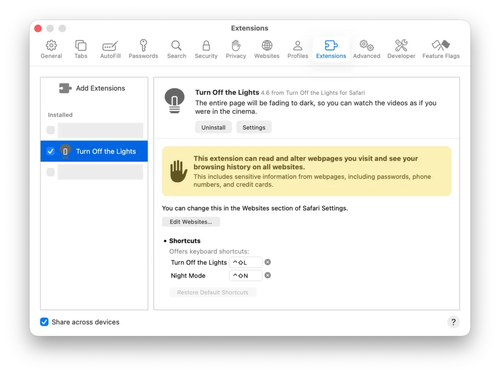 Safari settings on the Extensions tab