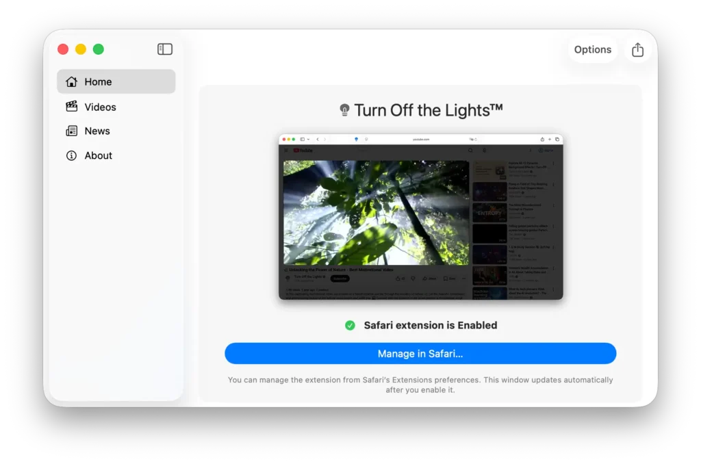 The Turn Off the Lights for Safari main window app