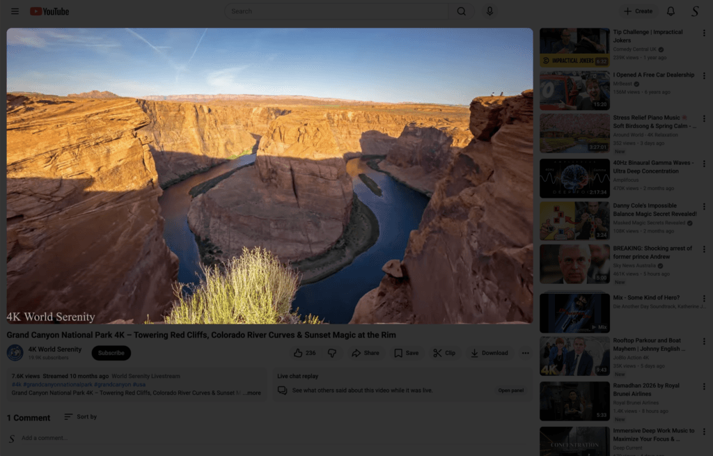 AutoDim feature on the Grand Canyon YouTube video