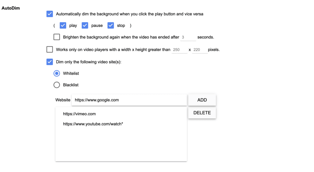 Turn Off the Lights Options page on the AutoDim option