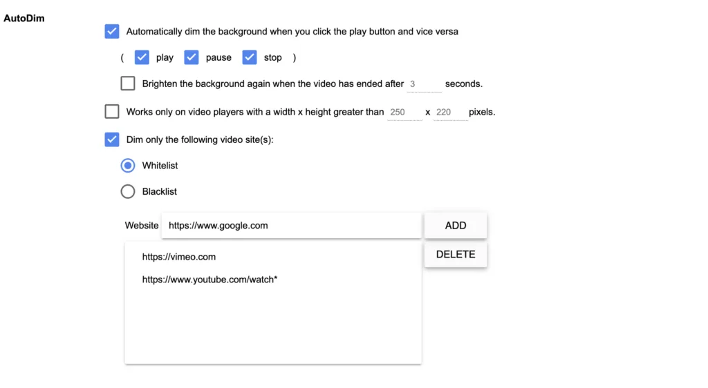Turn Off the Lights Options page on the AutoDim option