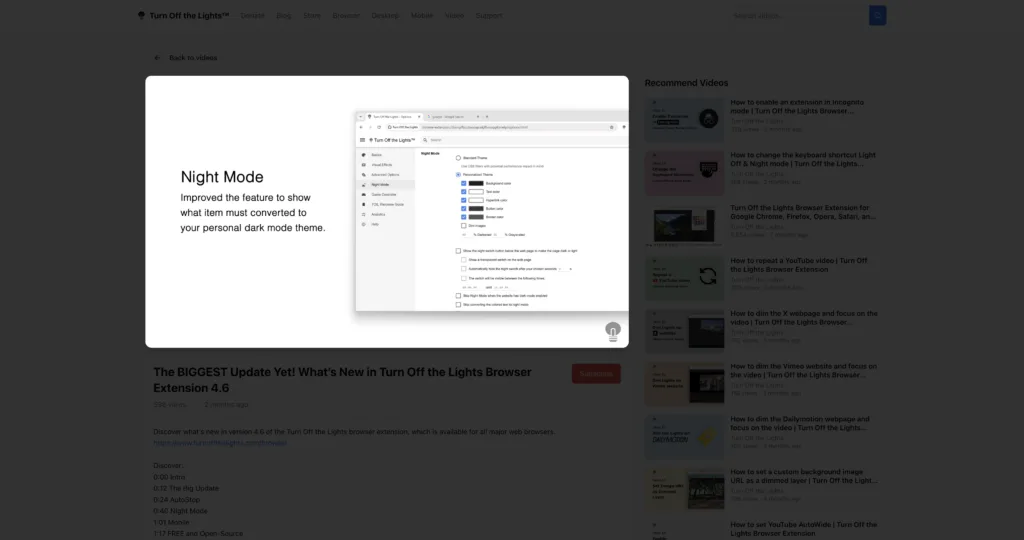 Watch the video page with the screen dimmed, and the video on top of the dark layer
