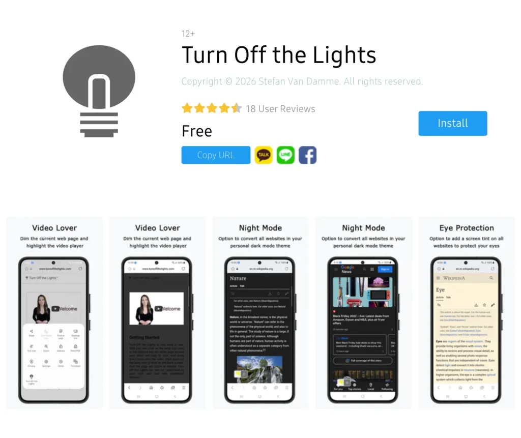 Turn Off the Lights Samsung Internet Extension with support Manifest V3