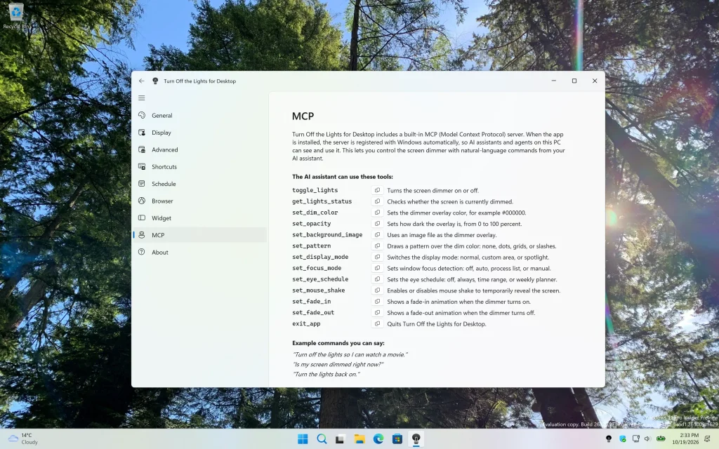 Turn Off the Lights MCP in the Turn Off the Lights for Desktop Windows app