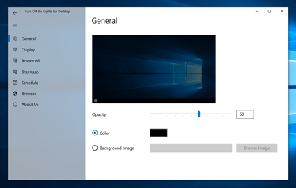 Turn Off the Lights for Desktop - Settings window