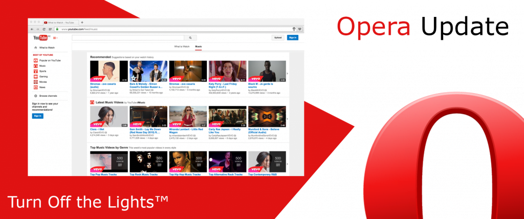 Opera web browser with Turn Off the Lights extension