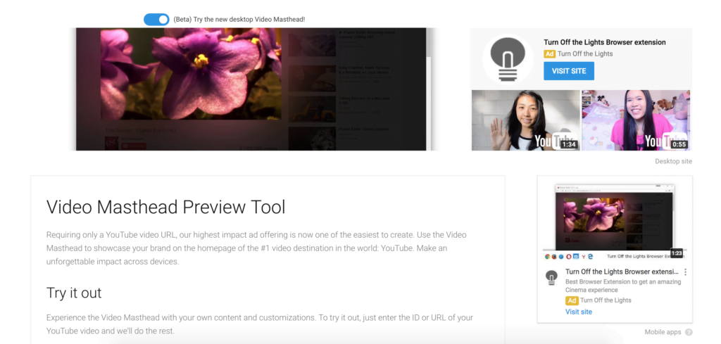 YouTube advertising - YouTube masthead banner from Turn Off the Lights Browser extension