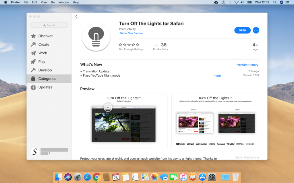 Install the Turn Off the Lights for Safari from the Mac App Store