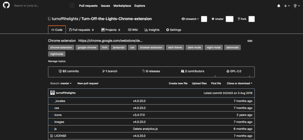 Github Dark Mode enabled with the free Turn Off the Lights browser extension using the Night Mode feature