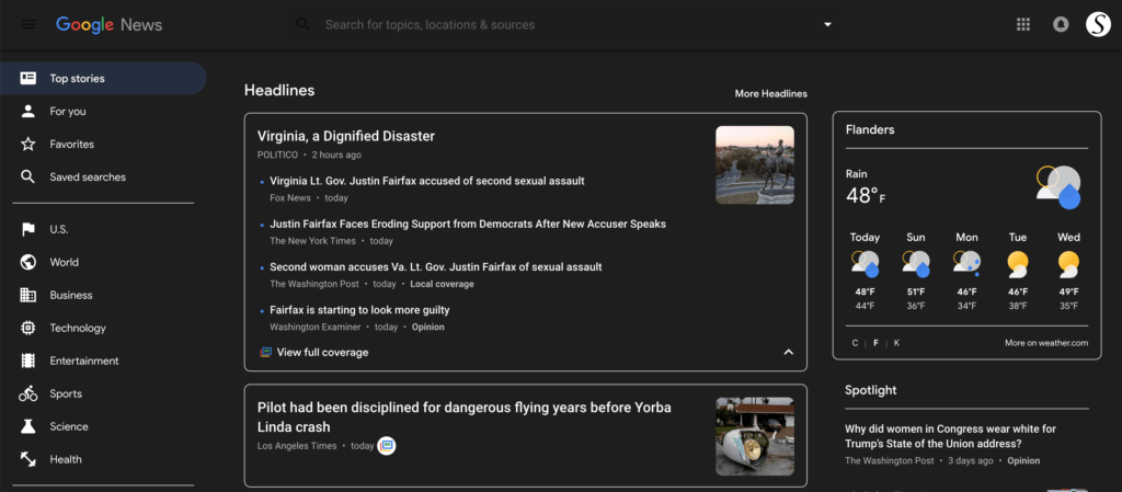 Chrome dark mode with the Night Mode feature enabled on Google News website