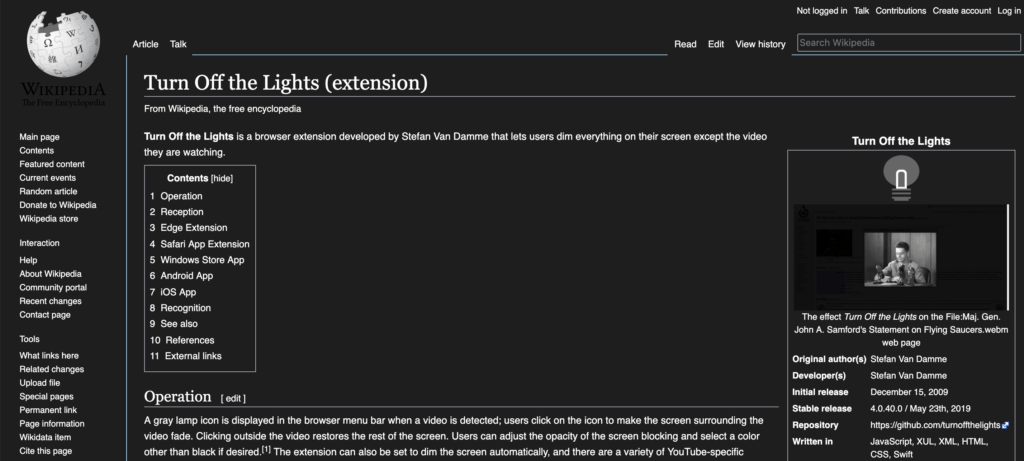 Modo oscuro de Wikipedia con la función Modo nocturno en la extensión del navegador Apagar las luces
