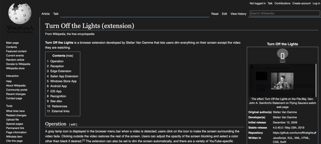 Extensión del navegador de modo oscuro en el sitio web de Wikipedia