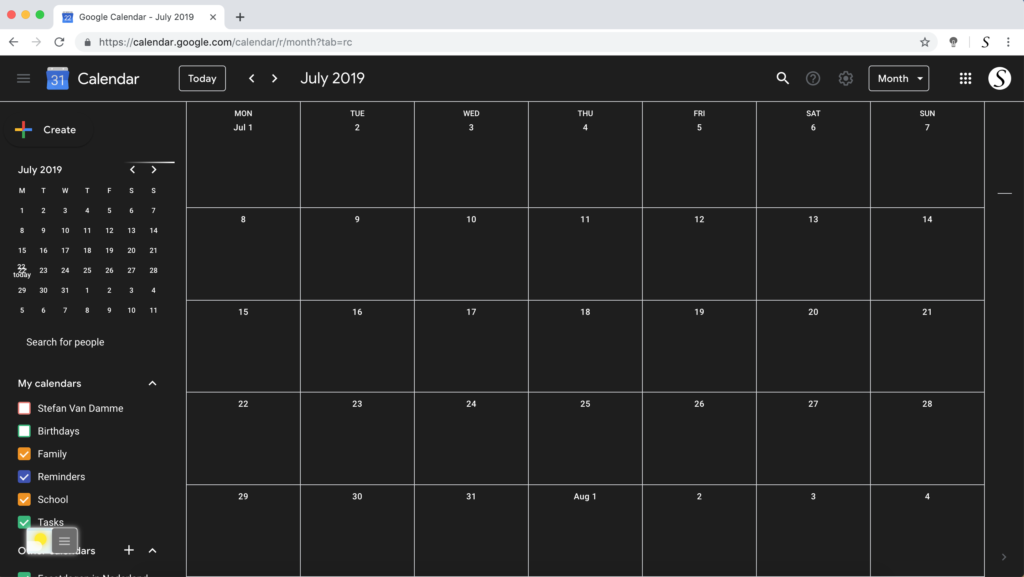 Google Calendar dark theme with the free Turn Off the Lights browser extension