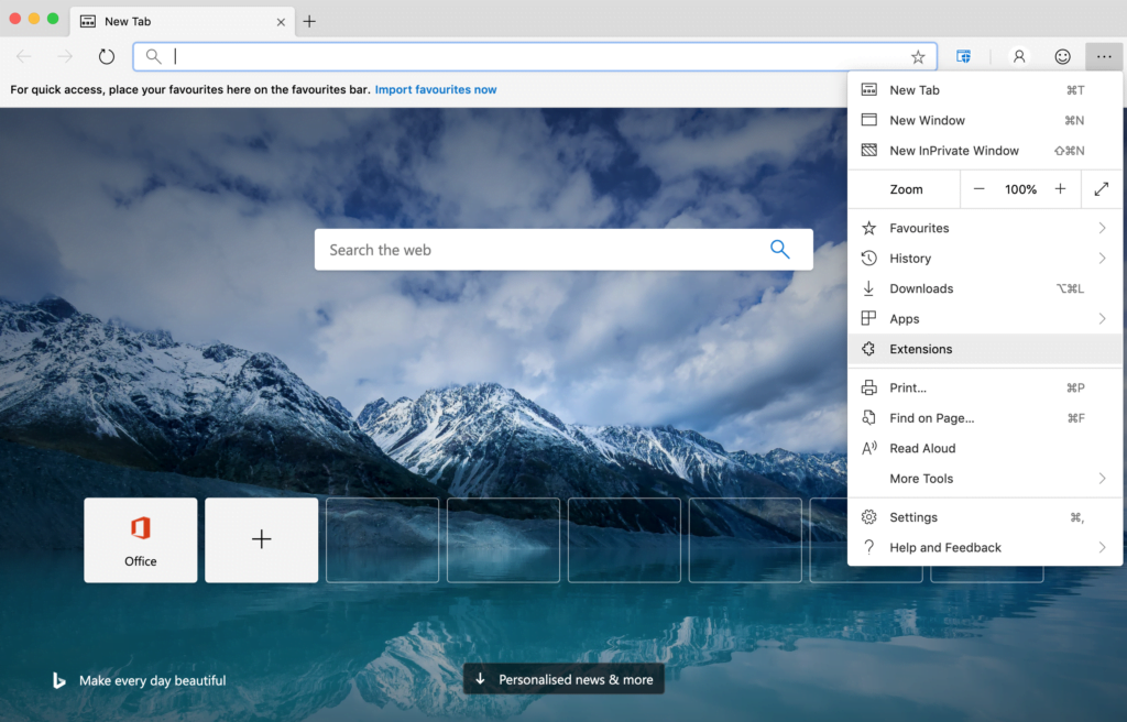 Microsoft Edge extensions menu