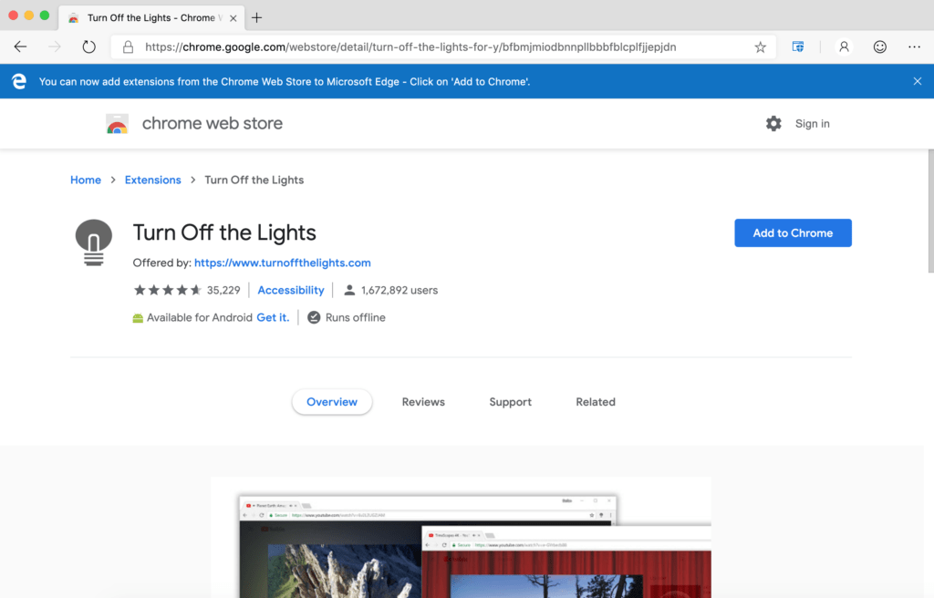 How to get chrome extensions on edge, and to install the Turn Off the Lights Chrome extension from the chrome web store