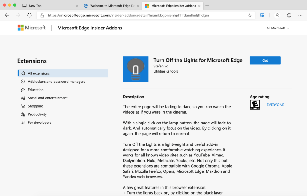 Turn Off the Lights on Microsoft Edge Insider Addons