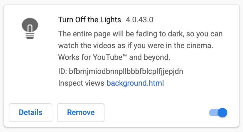 Chrome拡張機能を削除するには、そのChrome拡張機能のパネルにある「削除」を使用します。ライトを消すChrome拡張機能など