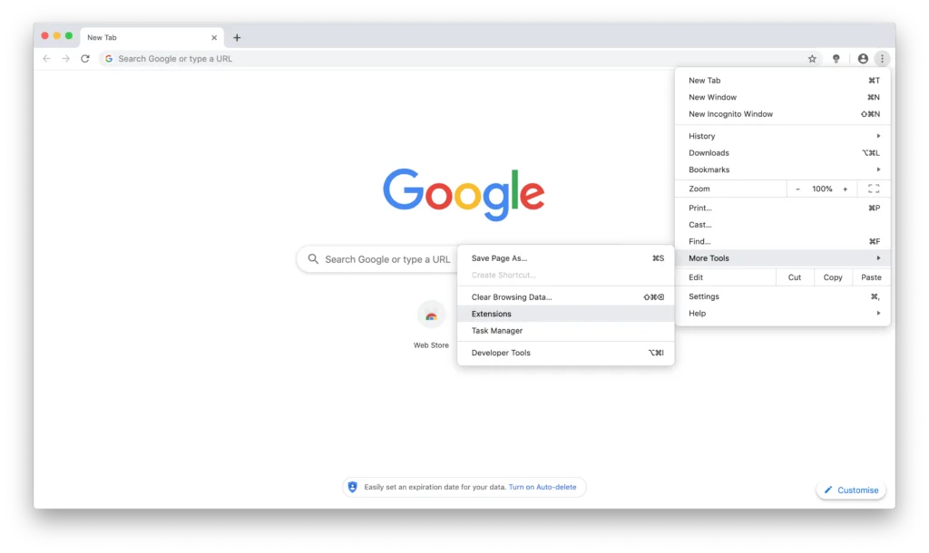 Google Chrome web browser with the 3 dots icon menu open